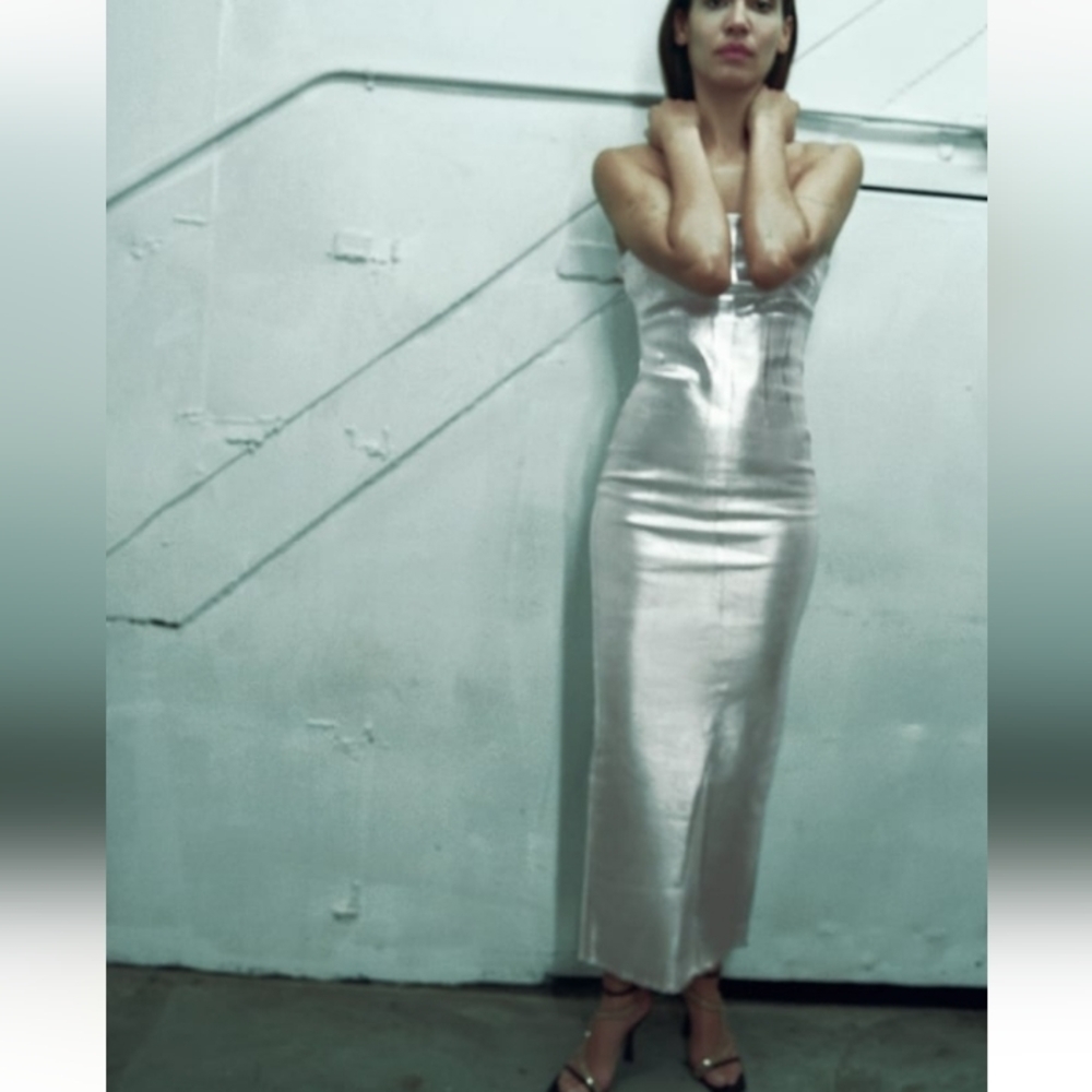 Zara ZW Fitted Metallic Denin Dress in Silver large $75